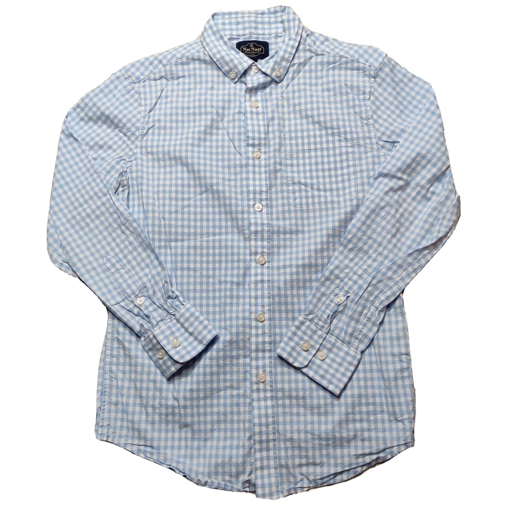 NAT NAST Men Small Blue White Gingham Cotton Stretch Long Sleeve Button-Up Shirt